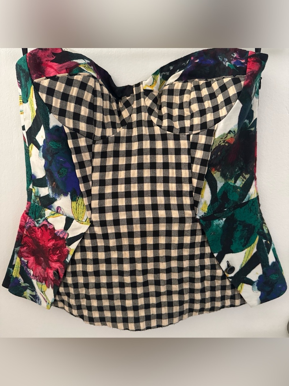 RACHEL Rachel Roy Floral & Gingham Bustier Top - Black, Cream, Green, Pink